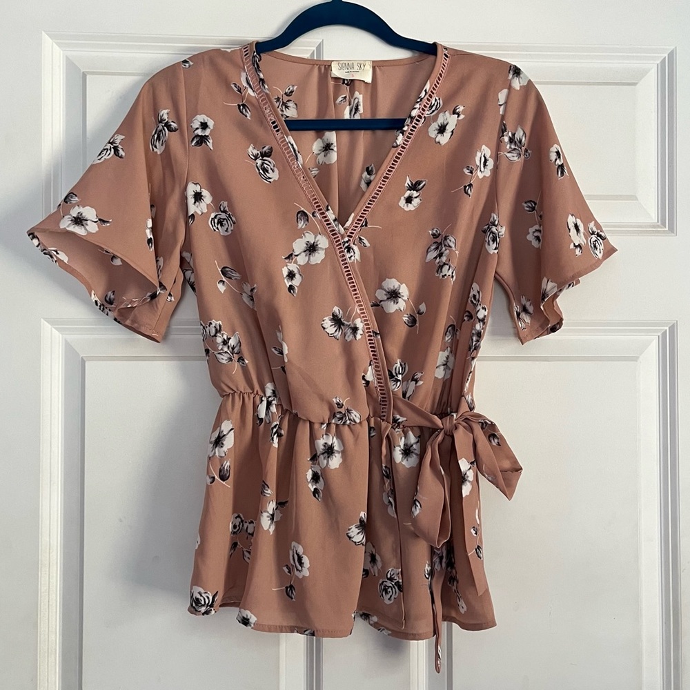 Sienna Sky Pink Floral V Neck Blouse With Flowy Sleeves And Tie Waist